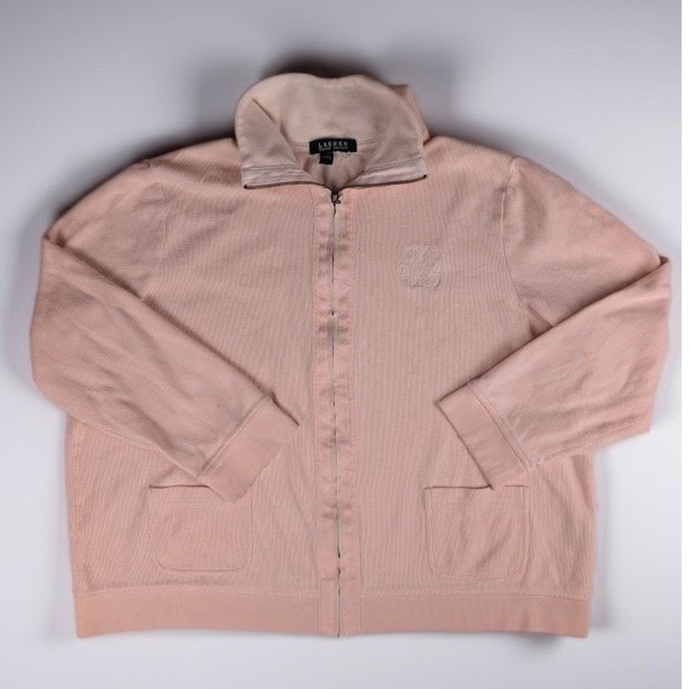 Lauren Ralph Lauren Pink Ribbed Cotton Zip Up Monogram Sweater XL Old Money